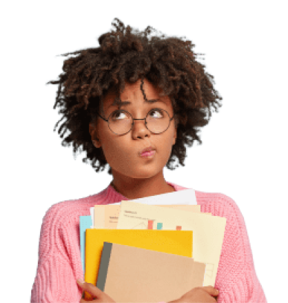 Garota pensando com livros na mão